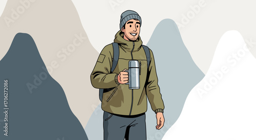 Man Enjoying Outdoor Adventure While Holding a Thermos With Mountainous Background