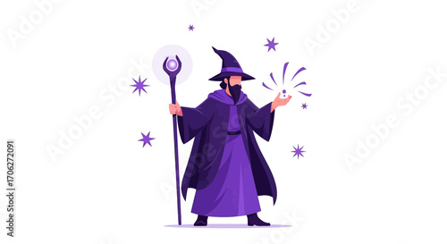 Mystical Wizard Conjuring Magic, Holding Staff and Casting Spells for Artistic Illustration