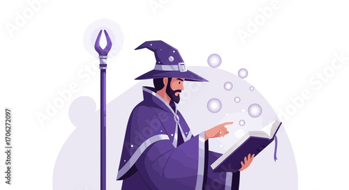 Mystical Wizard Conjuring Magic Spells From An Enchanted Tome With Glowing Orbs