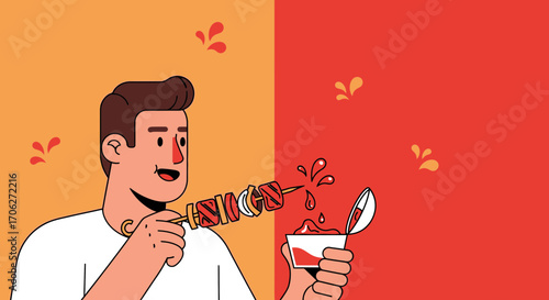 Man Enjoys Skewered Food With Sauce, Showing Food Fun And Vibrant Happiness