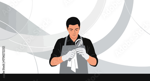 Man Examining a Spoon and Cleaning it with Precision and Dedication with Stylish Graphic