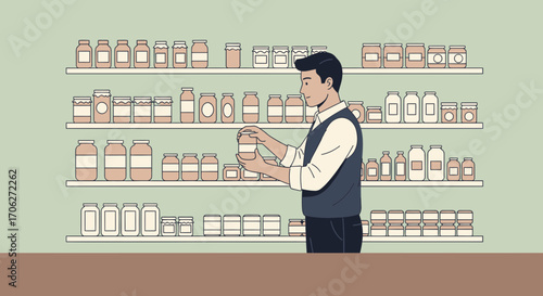 Man Examining Jar From Shelves In Illustration Of Shop With Various Products