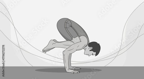 Man Executing Crow Pose in a Minimalist Style with Abstract Background