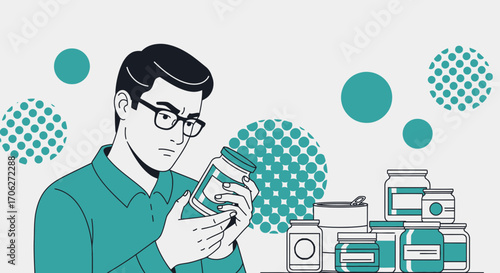 Man Examining Jar Label For Food Information With Other Diverse Food Containers Displayed