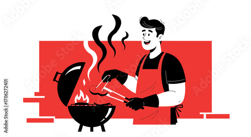 Man Grilling Food Outdoors Enjoying a Barbecue Party Cookout On a Sunny Day