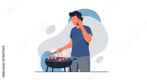 Man Grilling Barbecue And Talking On Mobile Phone During Leisure Time