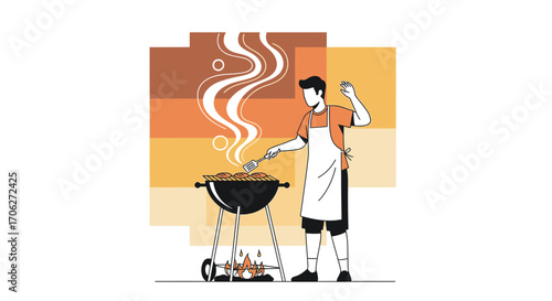 Man Grilling Food On A Barbecue During A Sunny Summer Evening