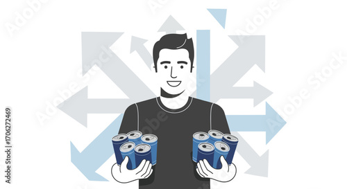 Man Holding Cans Against an Abstract Background Illustrates Marketing and Options