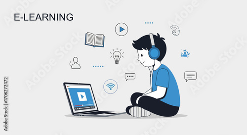 Online Education Illustration Shows Studying, Learning, And Digital Technology Use