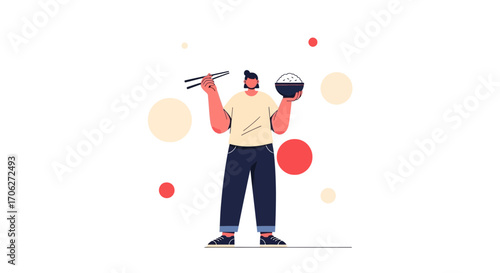 Man Holding Chopsticks And Rice Bowl In Hand For Asian Food Concept Illustration