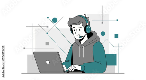 Optimized Communication: Person Using Laptop And Headset In A Modern Interface Environment