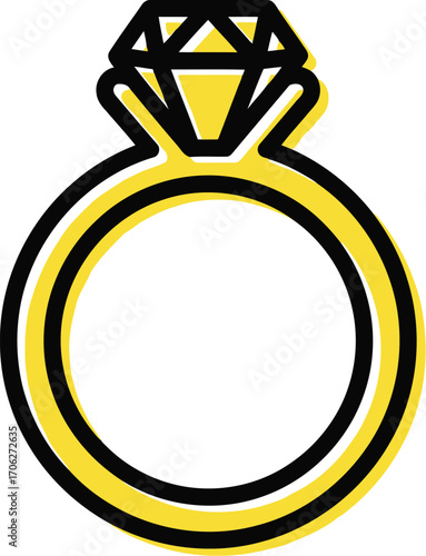A yellow diamond engagement ring with a black outline, isolated on a transparent background, symbolizing love and commitment