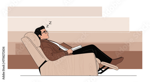 Man In Repose: Dreaming Of Sleep While Resting In A Recliner Chair And Reading