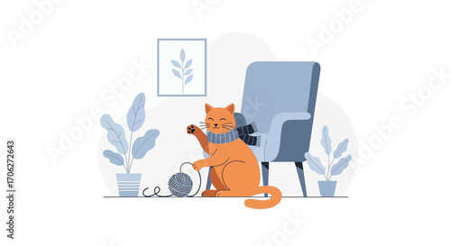 Orange Cat Playing With Yarn In Cozy Living Room, Home Sweet Home Aesthetic