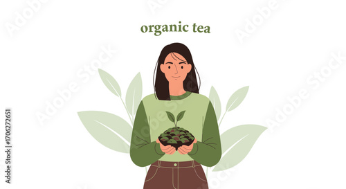 Organic Tea Image Featuring Woman Holding Plant Artwork Illustrating Wellness and Green Health