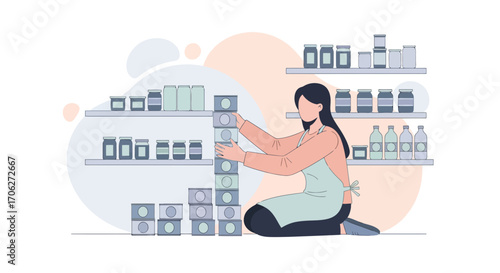 Organized Kitchen Inventory Woman Arranging Supplies For Prepared Emergency Stockpile