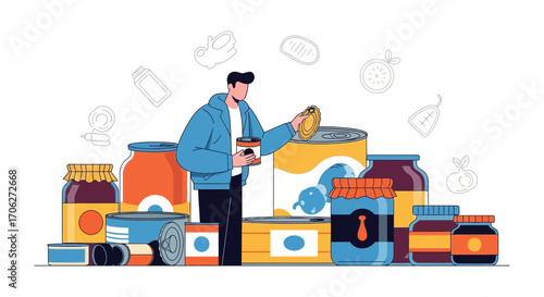 Man Inspecting Preserved Goods and Canned Foods, Focusing on Provisions and Supplies