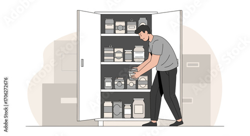 Organized Pantry Depicts a Person Storing, Arranging, and Categorizing Canned Goods