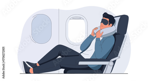 Passenger Relaxing In Airplane Seat With Eye Mask and Travel Pillow During Flight