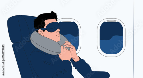Passenger Sleeping Comfortably on an Airplane with a Neck Pillow and Eye Mask During Flight
