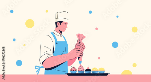 Pastry Artisan Creating Delicious Sweet Treats with Colorful Accents on a Tray