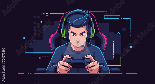 Passionate Gamer Immersed In Virtual Battle, Engaging With Controller, Futuristic Illustration