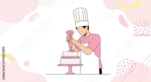 Pastry Chef Decorating Cake with Elegant Designs in Pastel Pink, Baking Illustration