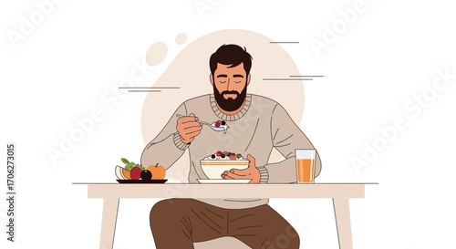 Peaceful Bearded Man Enjoying Healthy Breakfast with Fresh Fruits and Juice