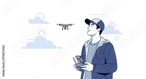 Man Operating a Drone In a Dazzling Sunny, Cloudy Day of Adventure