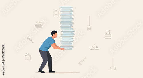 Man Overwhelmed With Cleaning Tasks, Balancing Pile of Papers Representing Home Chores