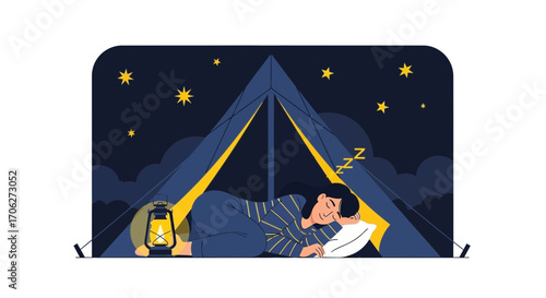 Peaceful Camping Scene Depicting Woman Sleeping Under Stars At Nighttime