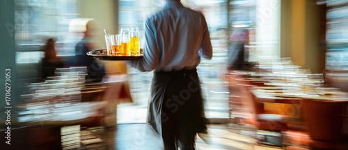 Busy Waiter Carrying Drinks in a Restaurant Setting with Motion Blur
