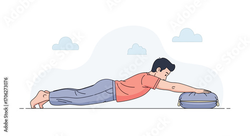 Man Performing Exercise With A Pillow, Wellness Theme, Modern Cartoon Illustration