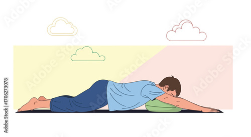 Man Performing Relaxation Exercise, Using Pillow To Achieve A Comfortable Posture For Meditation