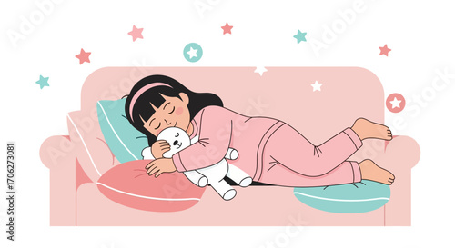 Peaceful Dream Time: Girl Relaxing On A Cozy Couch With A Plush Teddy Bear