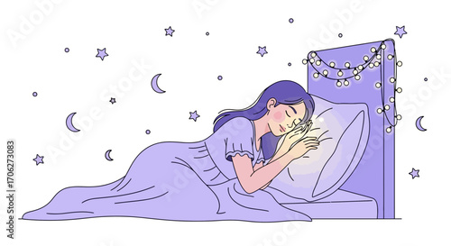 Peaceful Dreamer: Woman Sleeping Comfortably in Bed Decorated With Gentle Lights