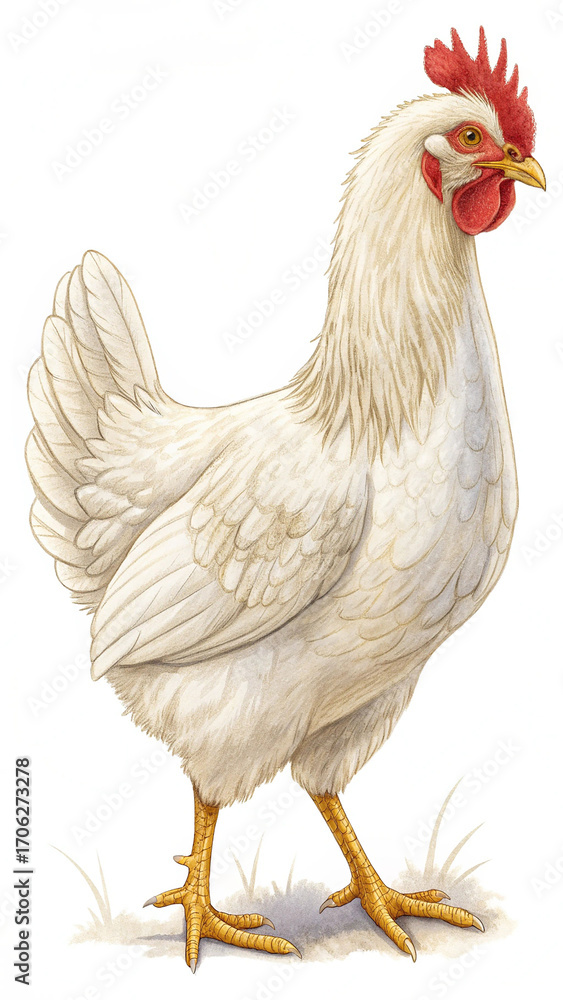 Fototapeta premium White hen red comb yellow legs chicken