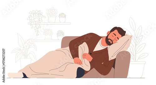 Peaceful Moment: A Man Napping Comfortably On A Couch At His Home