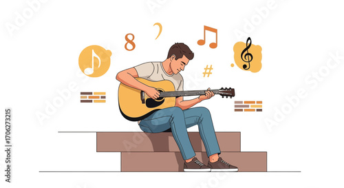 Man Playing Guitar and Making Music, Beautiful Illustration Artistic Concept