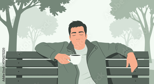 Peaceful Moment of Man Relaxing in Park with Coffee Cup in Solitude