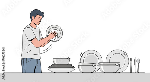 Man Polishing Clean Dishes, Illustration Depicting Domestic Chore and Kitchen Cleanliness