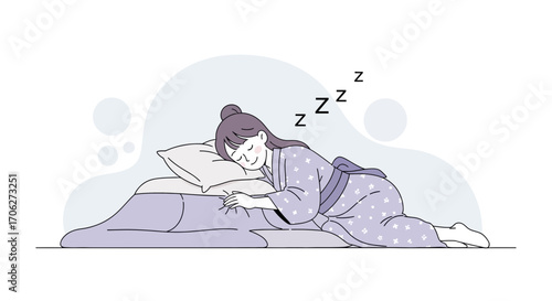 Peaceful Nap: A Woman Enjoying A Restful Slumber In A Japanese Yukata And Cozy Bed