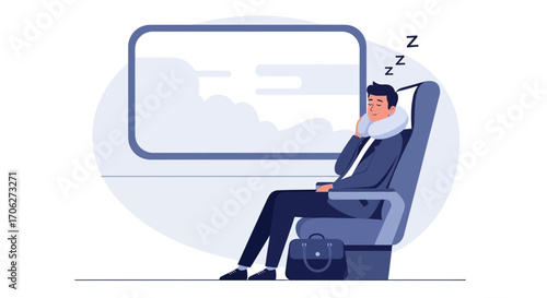 Peaceful Nap: Commuting Gentleman Embraces Restful Travel on Train in Vector Illustration
