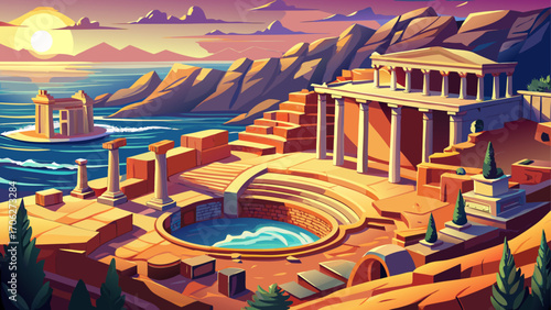 Pafos Archaeological Site, Cyprus, where Roman mosaics and ancient theaters overlook the azure Mediterranean, glowing in late afternoon light with waves crashing against rugged rocks.
