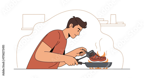 Man Preparing a Delicious Steak In A Frying Pan On The Kitchen, Illustration, Cooking Process