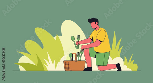 Man Preparing a Picnic, Illustrating Leisure and Outdoor Dining in the Greenery