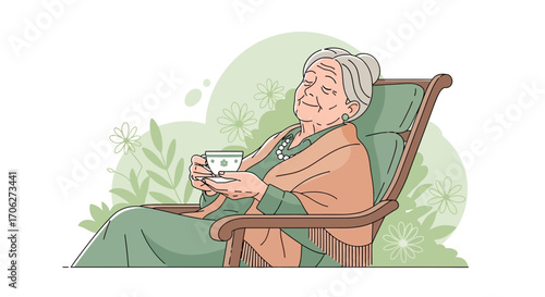 Peaceful Senior Woman Enjoying Tea In A Garden Chair With Closed Eyes In A Tranquil Setting