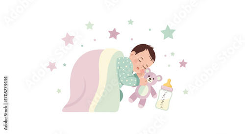 Peaceful Sleep Depiction: Infant Snuggled With Toy and Bottle, Underneath Stars