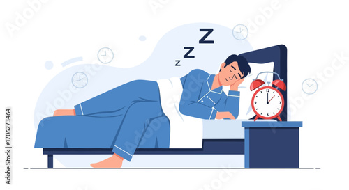 Peaceful Sleep With Alarm: Illustration of a Man Deeply Asleep in Bed In The Morning