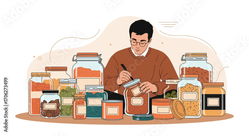 Man Preparing Preserved Food In Jars For Storage And Organization Purposes Illustration